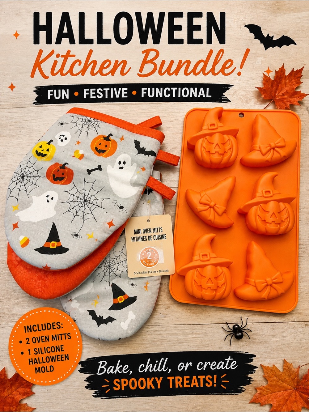 Halloween kitchen bundle – mini oven mitts + silicone mold